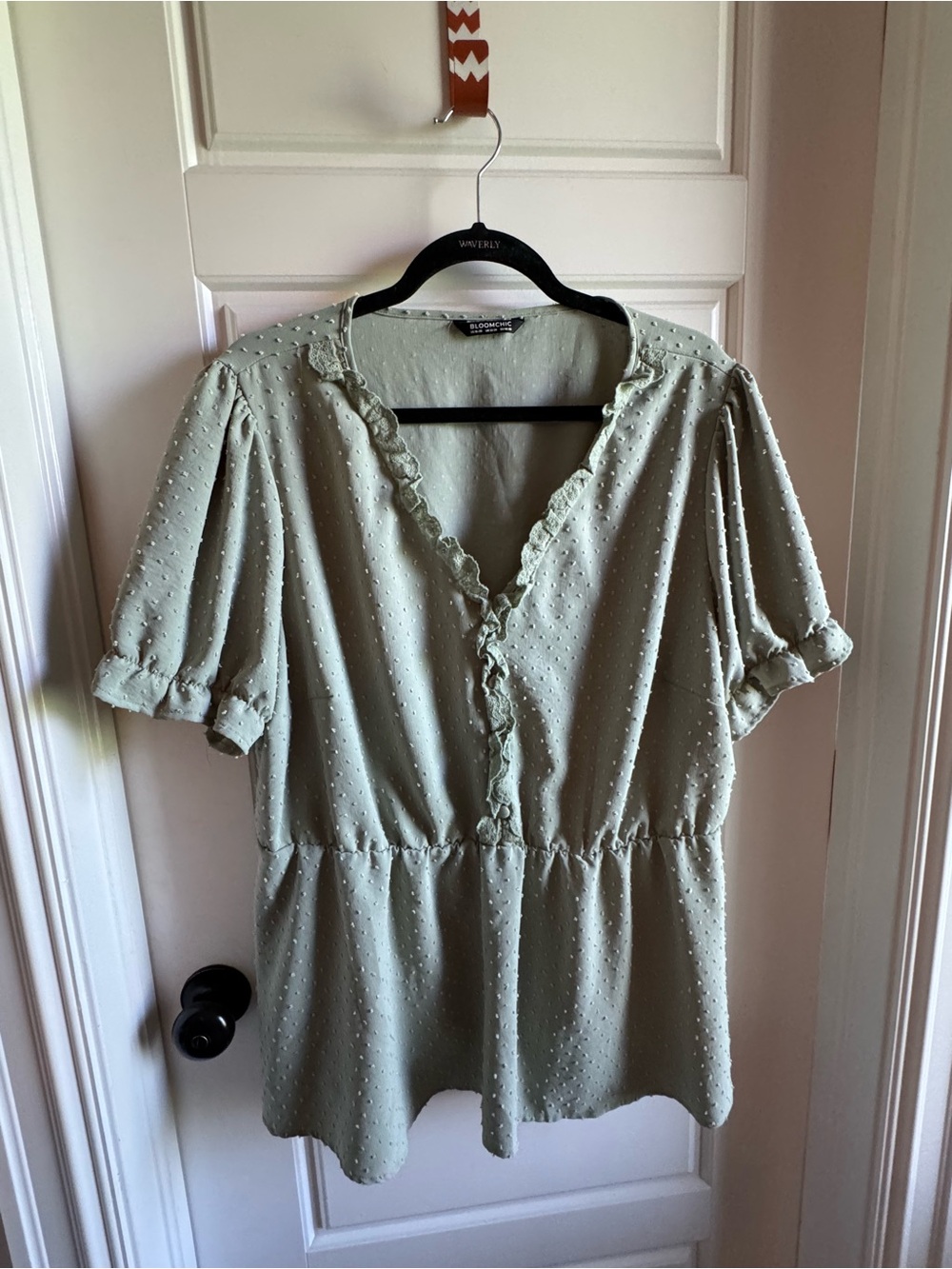 Light Sage Ruffled V-Neck Peplum Top - Unknown Brand